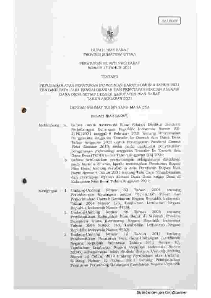 Peraturan Bupati Nias Barat No 17 tahun 2021 tentang Perubahan atas Peraturan Bupati Nias Barat Nomor 4 Tahun 2021 tentang Tata Cara Pengalokasian dan Penetapan Rincian Alokasi Dana Desa setiap Desa di Kabupaten Nias Barat Tahun Anggaran 2021