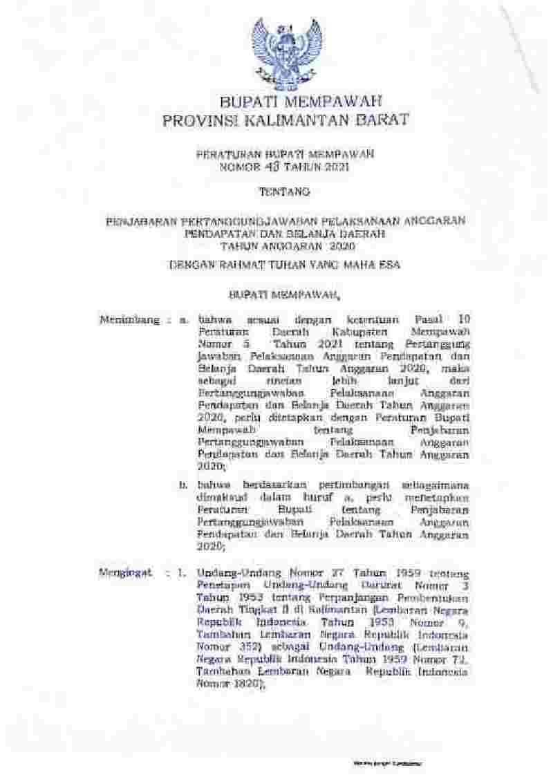 Peraturan Bupati Mempawah No 48 tahun 2021 tentang Penjabaran Pertanggungjawaban Pelaksanaan Anggaran Pendapatan dan Belanja Daerah Tahun Anggaran 2020 