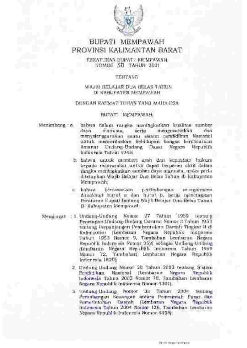 Peraturan Bupati Mempawah No 50 tahun 2021 tentang Wajib Belajar Dua Belas Tahun di Kabupaten Mempawah 