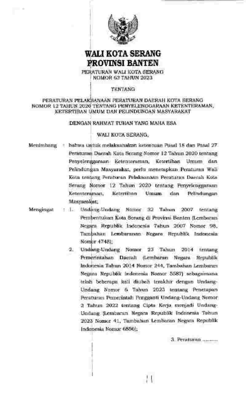 Peraturan Walikota Serang No 63 tahun 2023 tentang Peraturan Pelaksanaan Peraturan Daerah Kota Serang Nomor 12 Tahun 2020 tentang Penyelenggaraan Ketenteraman, Ketertiban Umum dan Pelindungan Masyarakat