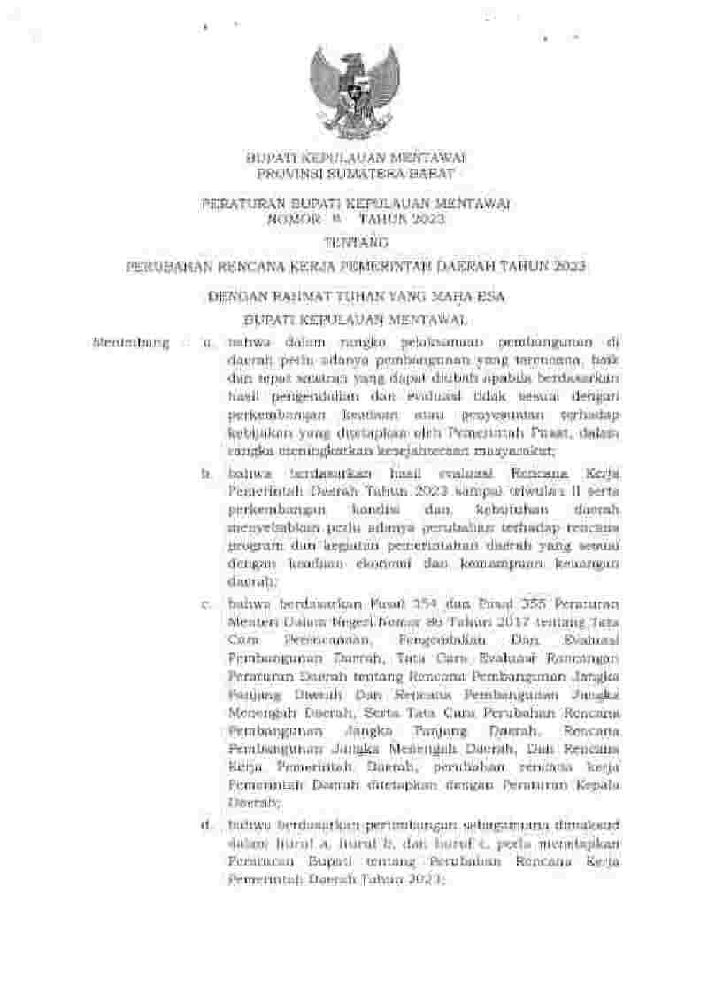 Peraturan Bupati Kepulauan Mentawai No 11 tahun 2023 tentang Perubahan Rencana Kerja Pemerintah Daerah Tahun 2023