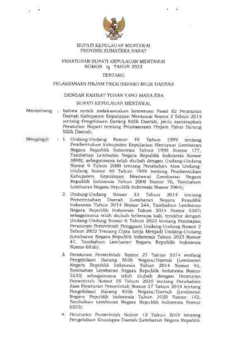 Peraturan Bupati Kepulauan Mentawai No 14 tahun 2023 tentang Pelaksanaan Pinjam Pakai Barang Milik Daerah