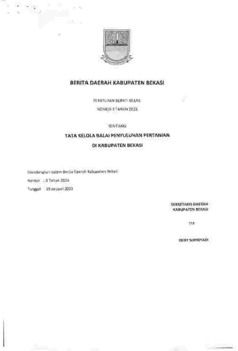 Peraturan Bupati Bekasi No 3 tahun 2023 tentang Tata Kelola Balai Penyuluhan Pertanian di Kabupaten Bekasi