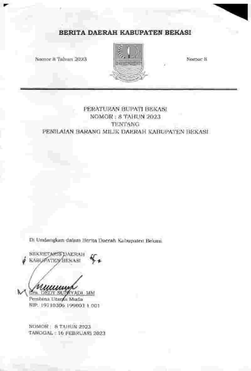 Peraturan Bupati Bekasi No 8 tahun 2023 tentang Penilaian Barang Milik Daerah Kabupaten Bekasi