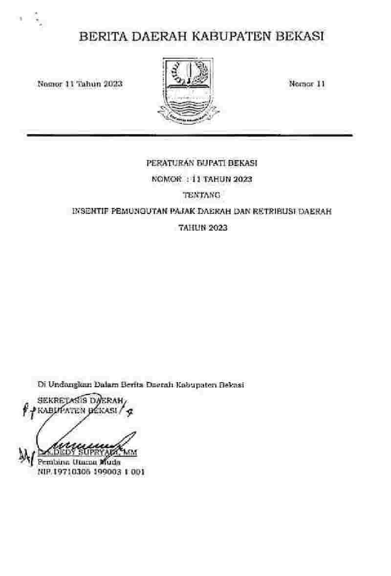 Peraturan Bupati Bekasi No 11 tahun 2023 tentang Insentif Pemungutan Pajak Daerah dan Retribusi Daerah Tahun 2023