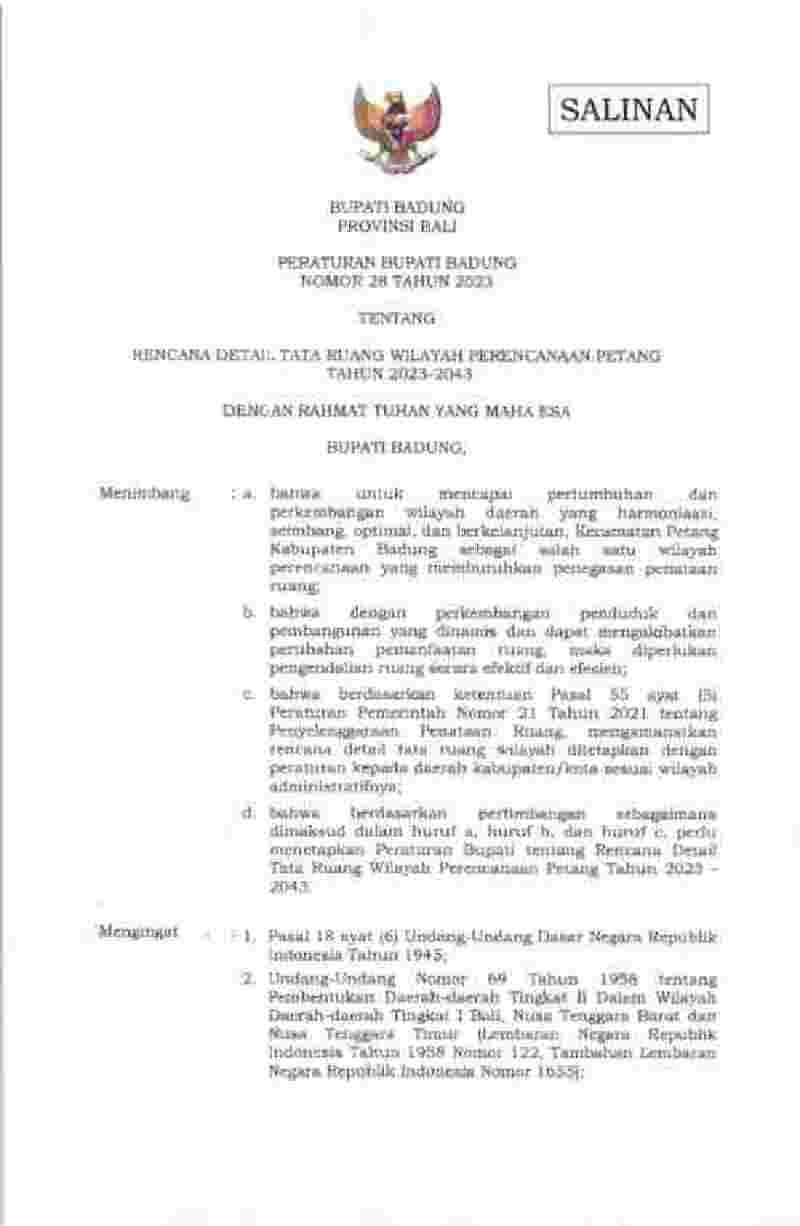 Peraturan Bupati Badung No 28 tahun 2023 tentang Rencana Detail Tata Ruang Wilayah Perencanaan Petang Tahun 2023-2043