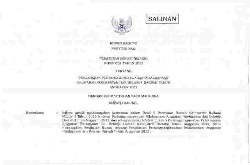 Peraturan Bupati Badung No 31 tahun 2023 tentang Penjabaran Pertanggungjawaban Pelaksanaan Anggaran Pendapatan dan Belanja Daerah Tahun Anggaran 2022