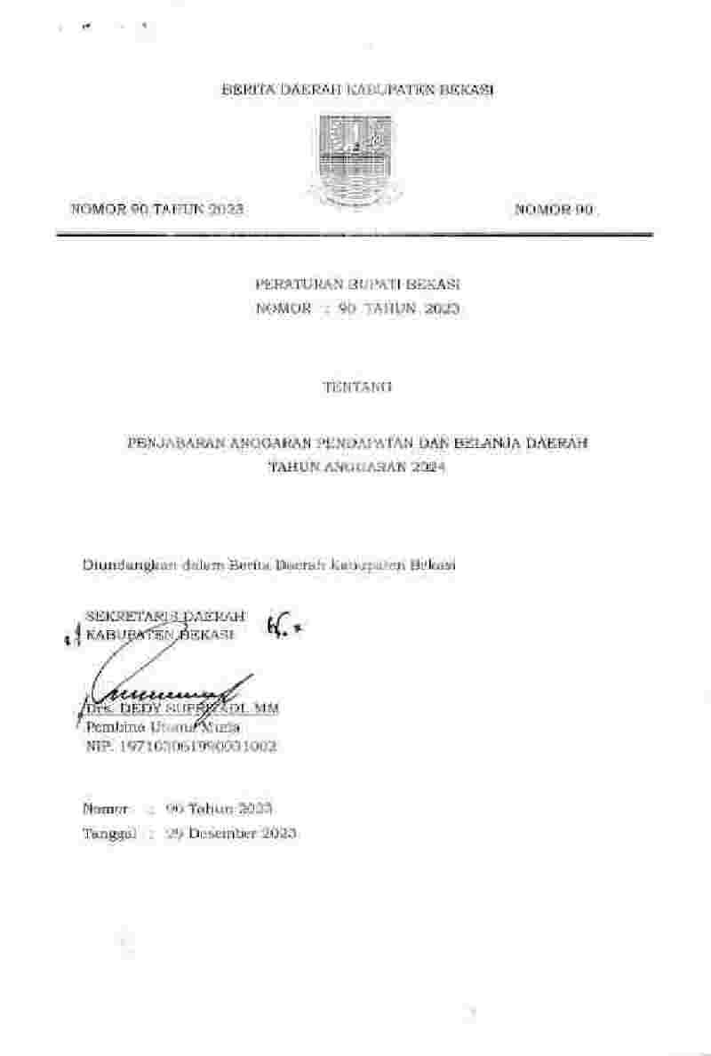 Peraturan Bupati Bekasi No 90 tahun 2023 tentang Penjabaran Anggaran Pendapatan Dam Belanja Daerah Tahun Anggaran 2024