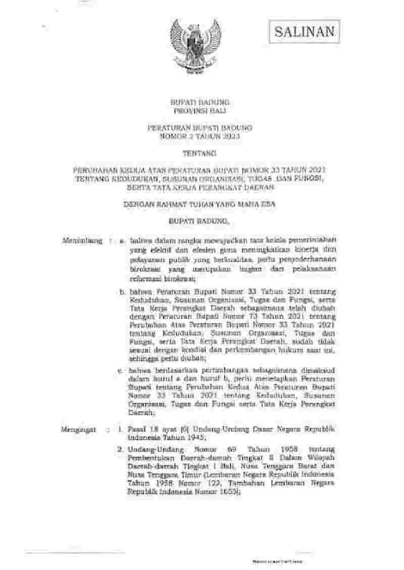 Peraturan Bupati Badung No 2 tahun 2023 tentang Perubahan Kedua atas Peraturan Bupati Nomor 33 Tahun 2021 tentang Kedudukan, Susunan Organisasi, Tugas dan Fungsi, serta Tata Kerja Perangkat Daerah 