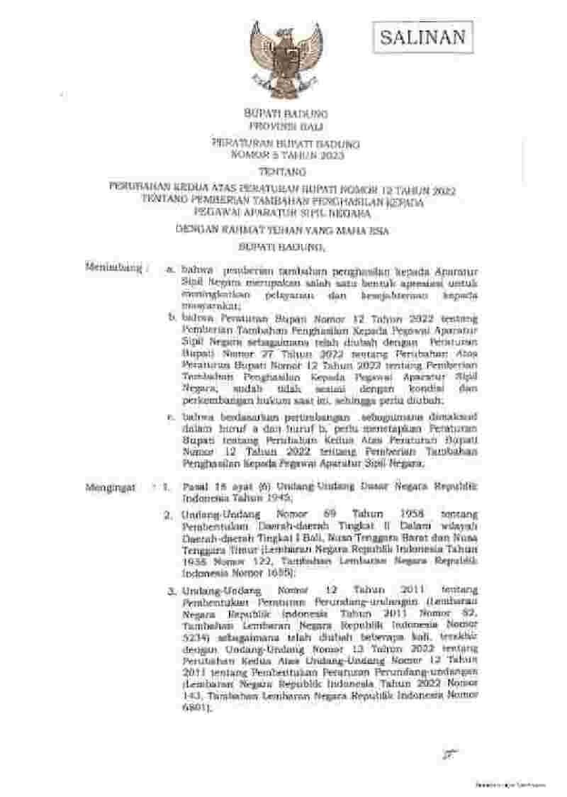 Peraturan Bupati Badung No 5 tahun 2023 tentang Perubahan Kedua atas Peraturan Bupati Nomor 12 Tahun 2022 tentang Pemberian Tambahan Penghasilan kepada Pegawai Aparatur Sipil Negara