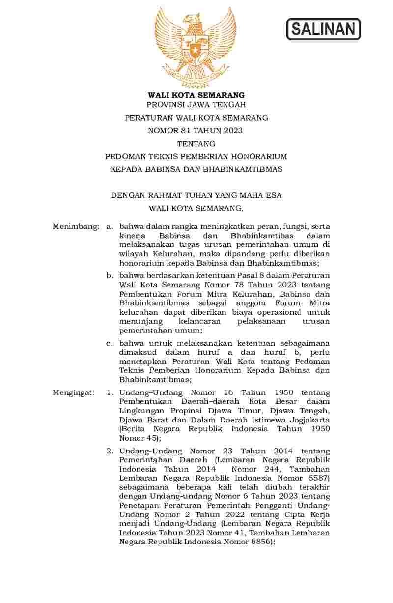 Peraturan Walikota Semarang No 81 tahun 2023 tentang Pedoman Teknis Pemberian Honorarium kepada BABINSA dan BHABINKAMTIBMAS