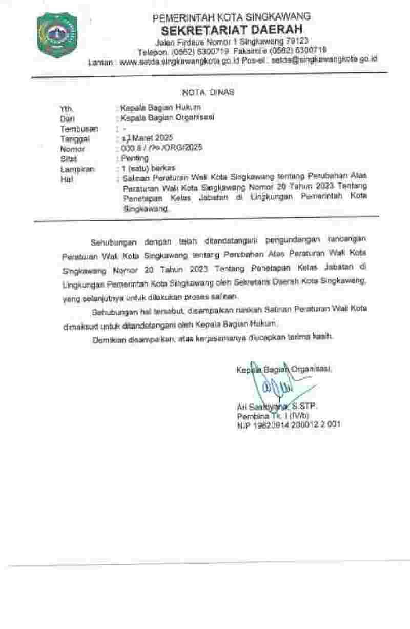 Peraturan Walikota Singkawang No 2 tahun 2025 tentang Perubahan atas Peraturan Wali Kota Singkawang Nomor 20 Tahun 2023 tentang Penetapan Kelas Jabatan di Lingkungan Pemerintah Kota Singkawang