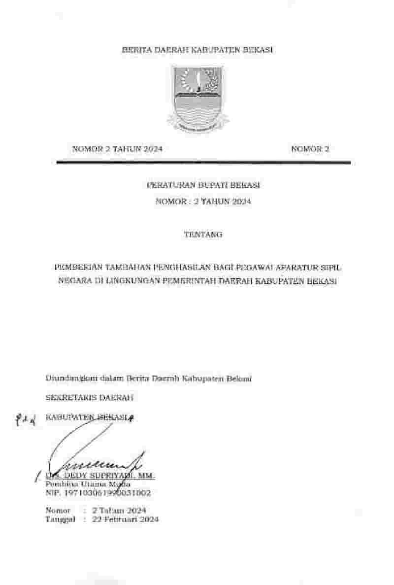 Peraturan Bupati Bekasi No 2 tahun 2024 tentang Pemberian Tambahan Penghasilan bagi Pegawai Aparatur Sipil Negara di Lingkungan Pemerintah Daerah Kabupaten Bekasi