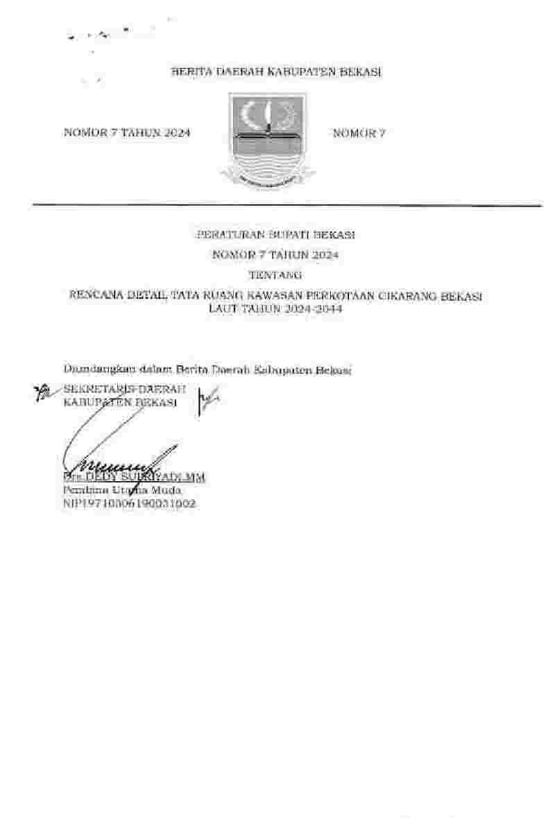 Peraturan Bupati Bekasi No 7 tahun 2024 tentang Rencana Detail Tata Ruang Kawasan Perkotaan Cikarang Bekasi Laut Tahun 2024 - 2044