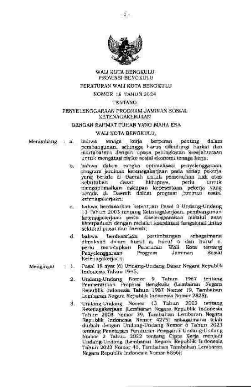 Peraturan Walikota Bengkulu No 16 tahun 2019 tentang Penyelenggaraan Program Jaminan Sosial Ketenagakerjaa
