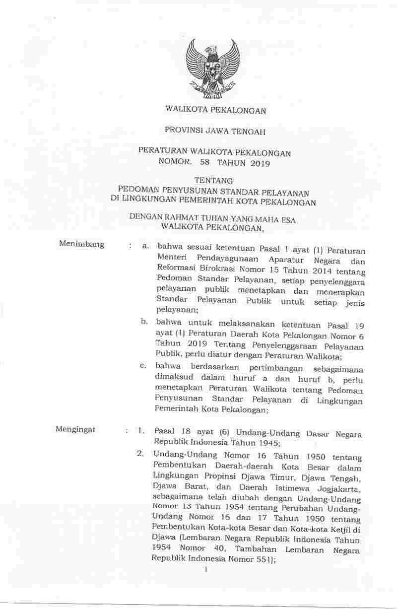 Peraturan Walikota Pekalongan No 58 tahun 2019 tentang Pedoman Penyusunan Standar Pelayanan di Lingkungan Pemerintah Kota Pekalongan 