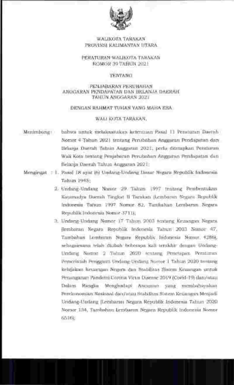 Peraturan Walikota Tarakan No 39 tahun 2021 tentang Penjabaran Perubahan Anggaran Pendapatan dan Belanja Daerah Tahun Anggaran 2021