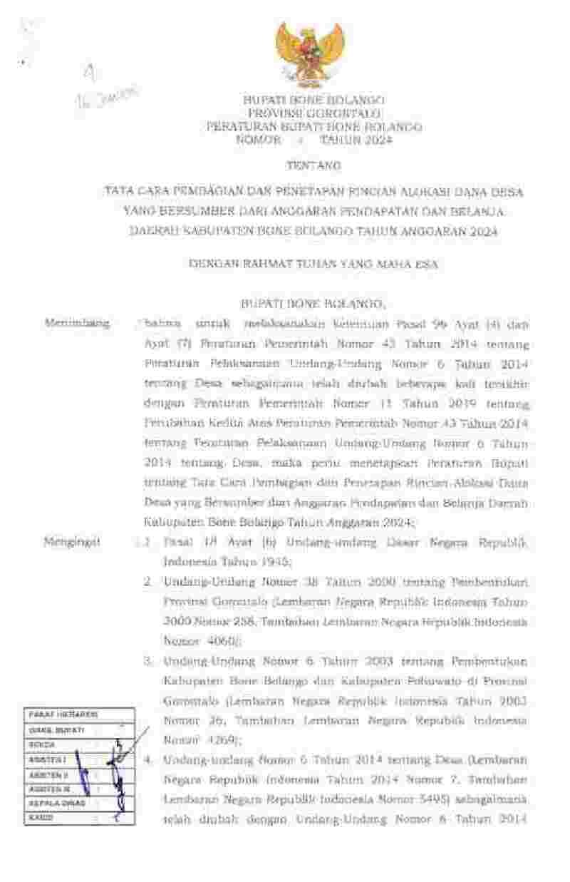 Peraturan Bupati Bone Bolango No 4 tahun 2024 tentang Tata Cara Pembagian dan Penetapan Rincian Alokasi Dana Desa yang Bersumber dari Anggaran Pendapatan dan Belanja Daerah Kabupaten Bone Bolango Tahun Anggaran 2024 
