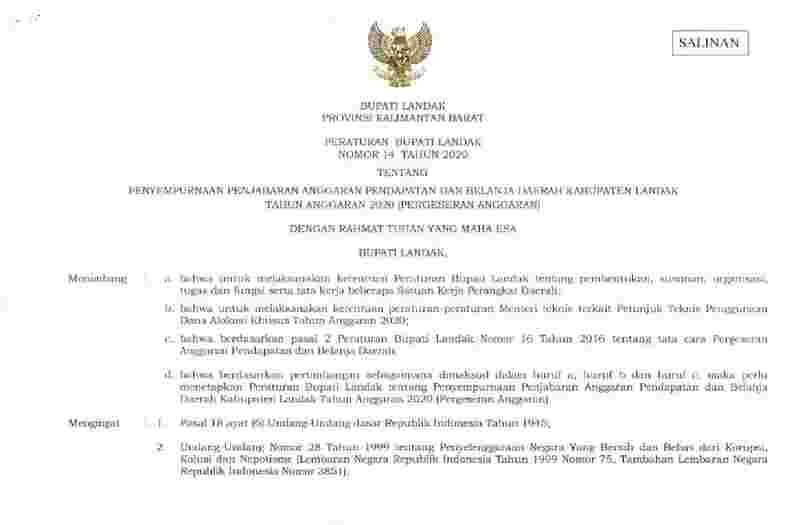 Peraturan Bupati Landak No 14 tahun 2020 tentang Penyempurnaan Penjabaran Anggaran Pendapatan dan Belanja Daerah Kabupaten Landak Tahun Anggaran 2020 (Pergeseran Anggaran)