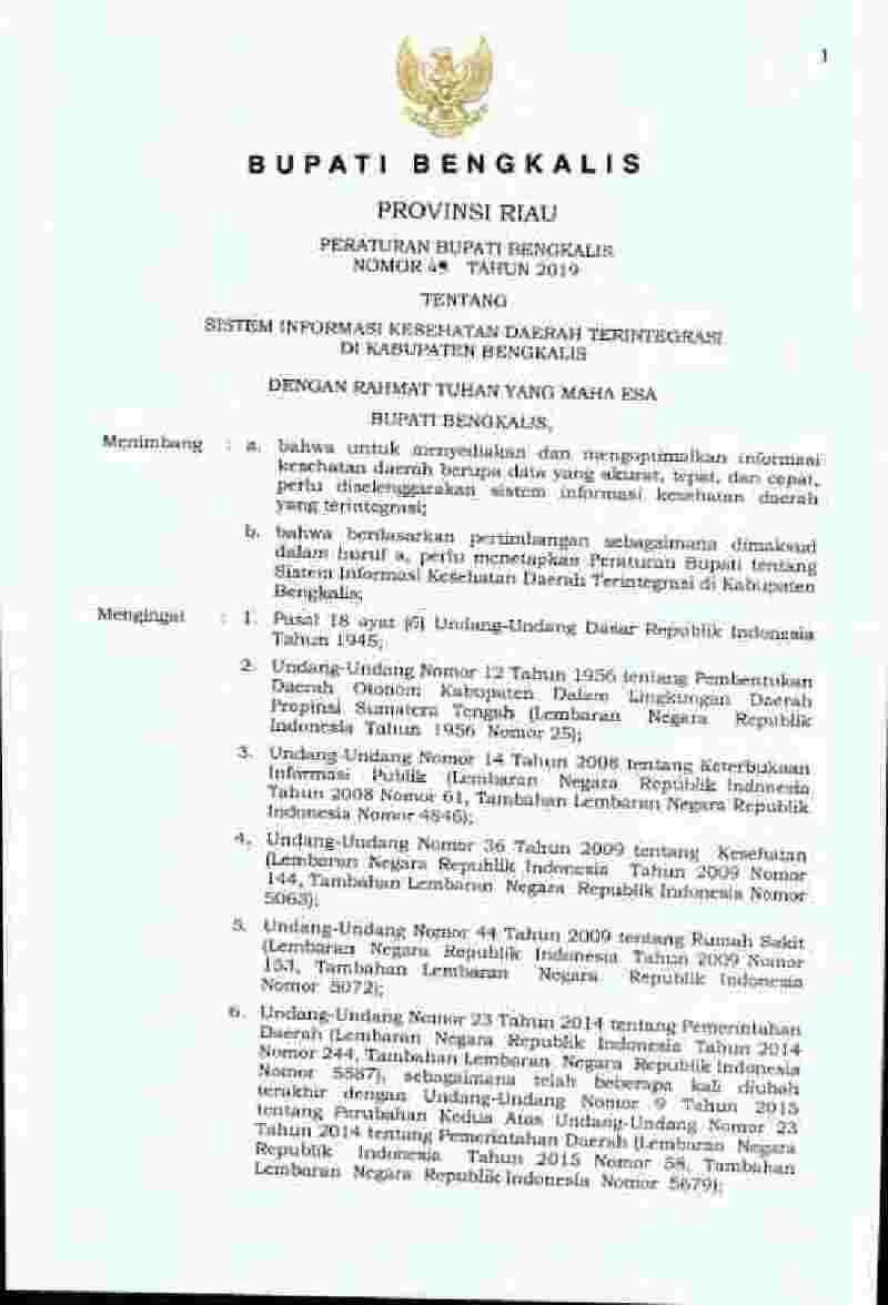 Peraturan Bupati Bengkalis No 49 tahun 2019 tentang Sistem Informasi Kesehatan Daerah Terintegrasi di Kabupaten Bengkalis