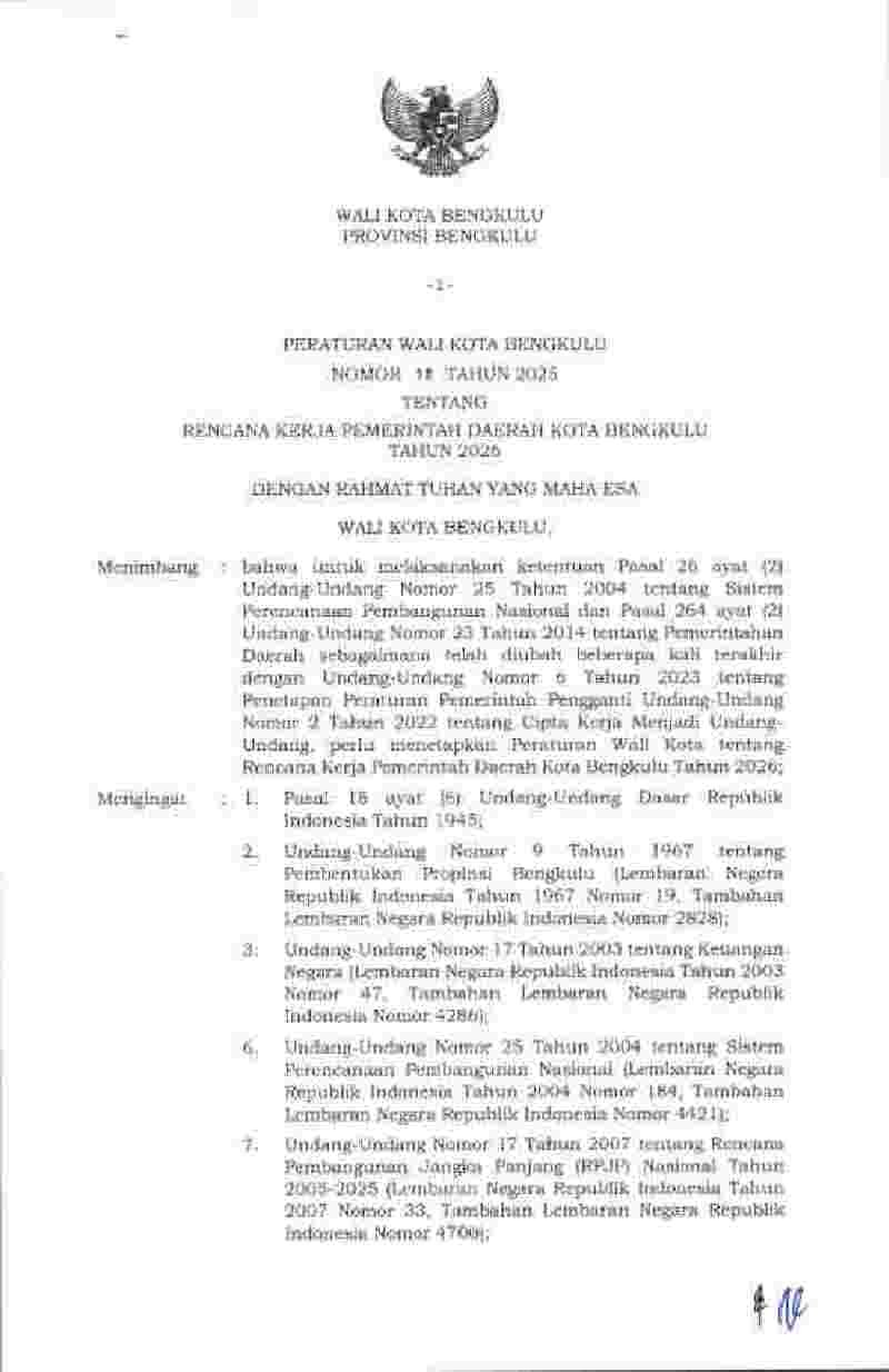 Peraturan Walikota Bengkulu No 12 tahun 2025 tentang Rencana Kerja Pemerintah Daerah Kota Bengkulu Tahun 2026