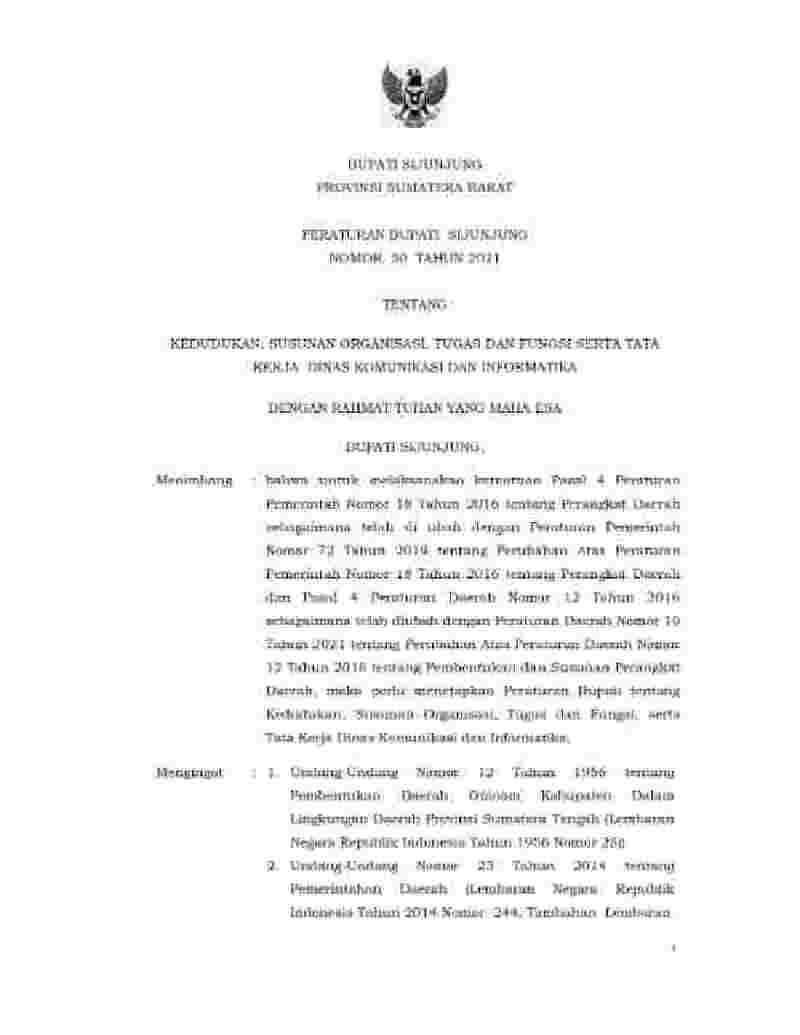 Peraturan Bupati Sijunjung No 50 tahun 2021 tentang Kedudukan, Susunan Organisasi, Tugas dan Fungsi serta Tata Kerja Dinas Komunikasi dan Informatika