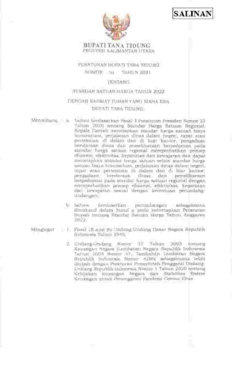 Peraturan Bupati Tana Tidung No 50 tahun 2021 tentang Standar Satuan Harga Tahun 2022