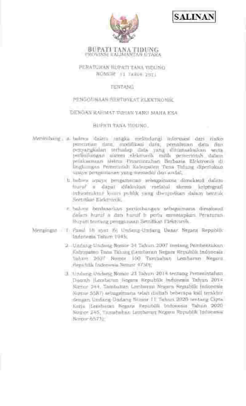 Peraturan Bupati Tana Tidung No 53 tahun 2021 tentang Penggunaan Sertifikat Elektronik