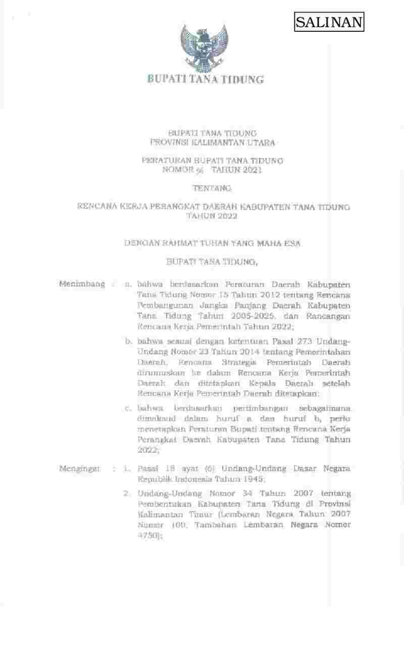 Peraturan Bupati Tana Tidung No 56 tahun 2021 tentang Rencana Kerja Perangkat Daerah Kabupaten Tana Tidung Tahun 2022