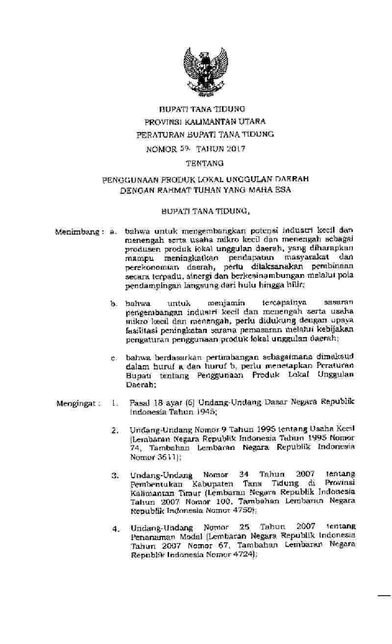 Peraturan Bupati Tana Tidung No 59 tahun 2017 tentang Penggunaan Produk Lokal Unggulan Daerah