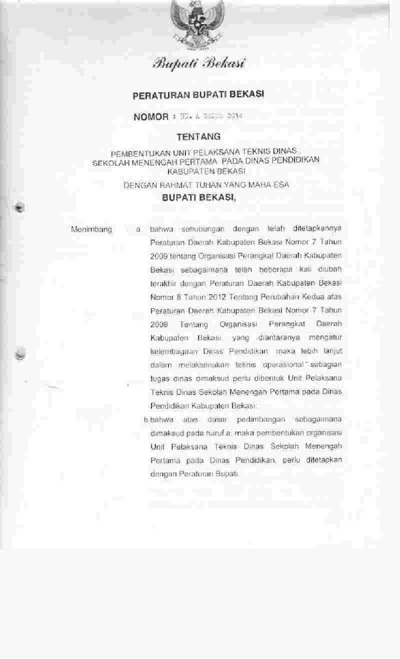 Peraturan Bupati Bekasi No 33.A tahun 2014 tentang Pembentukan Unit Pelaksana Teknis Dinas Sekolah Menengah Pertama pada Dinas Pendidikan Kabupaten Bekasi 
