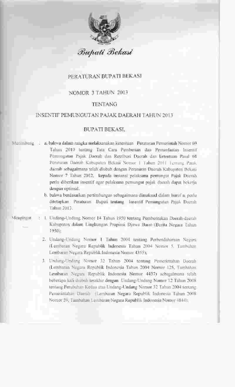 Peraturan Bupati Bekasi No 3 tahun 2013 tentang Insentif Pemungutan Pajak Daerah Tahun 2013 