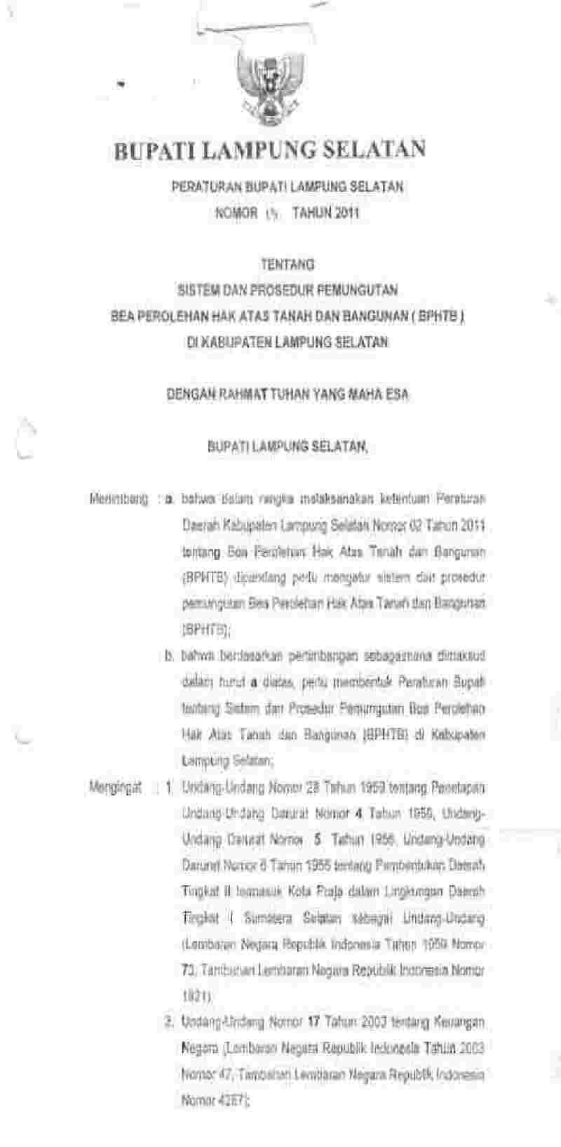 Peraturan Bupati Lampung Selatan No 13 tahun 2011 tentang Sistem dan Prosedur Pemungutan Bea Perolehan Hak atas Tanah dan Bangunan (BPHTB) di Kabupaten Lampung Selatan