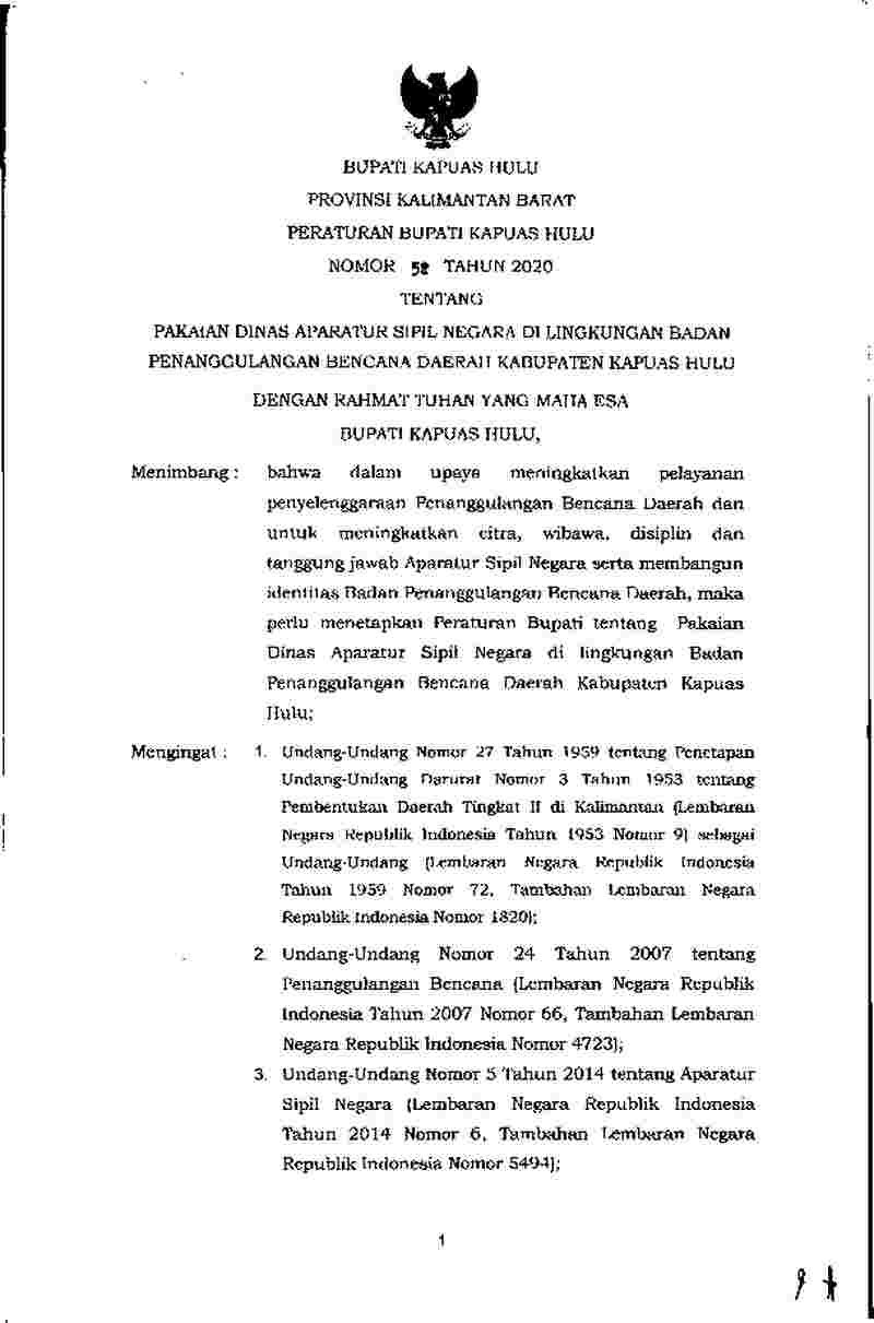 Peraturan Bupati Kapuas Hulu No 52 tahun 2020 tentang Pakaian Dinas Aparatur Sipil Negara di Lingkungan Badan Penanggulangan Bencana Daerah Kabupaten Kapuas Hulu