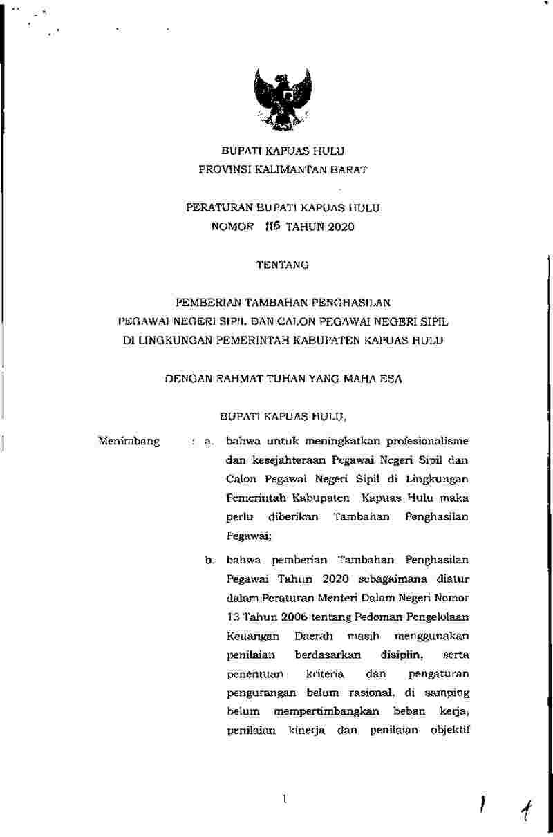 Peraturan Bupati Kapuas Hulu No 115 tahun 2020 tentang Pemberian Tambahan Penghasilan Pegawai Negeri Sipil dan Calon Pegawai Negeri Sipil di Lingkungan Pemerintah Kabupaten Kapuas Hulu