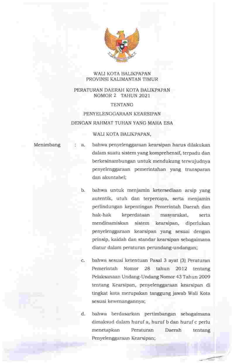 Peraturan Daerah Kota Balikpapan No 2 tahun 2021 tentang Penyelenggaraan Kearsipan
