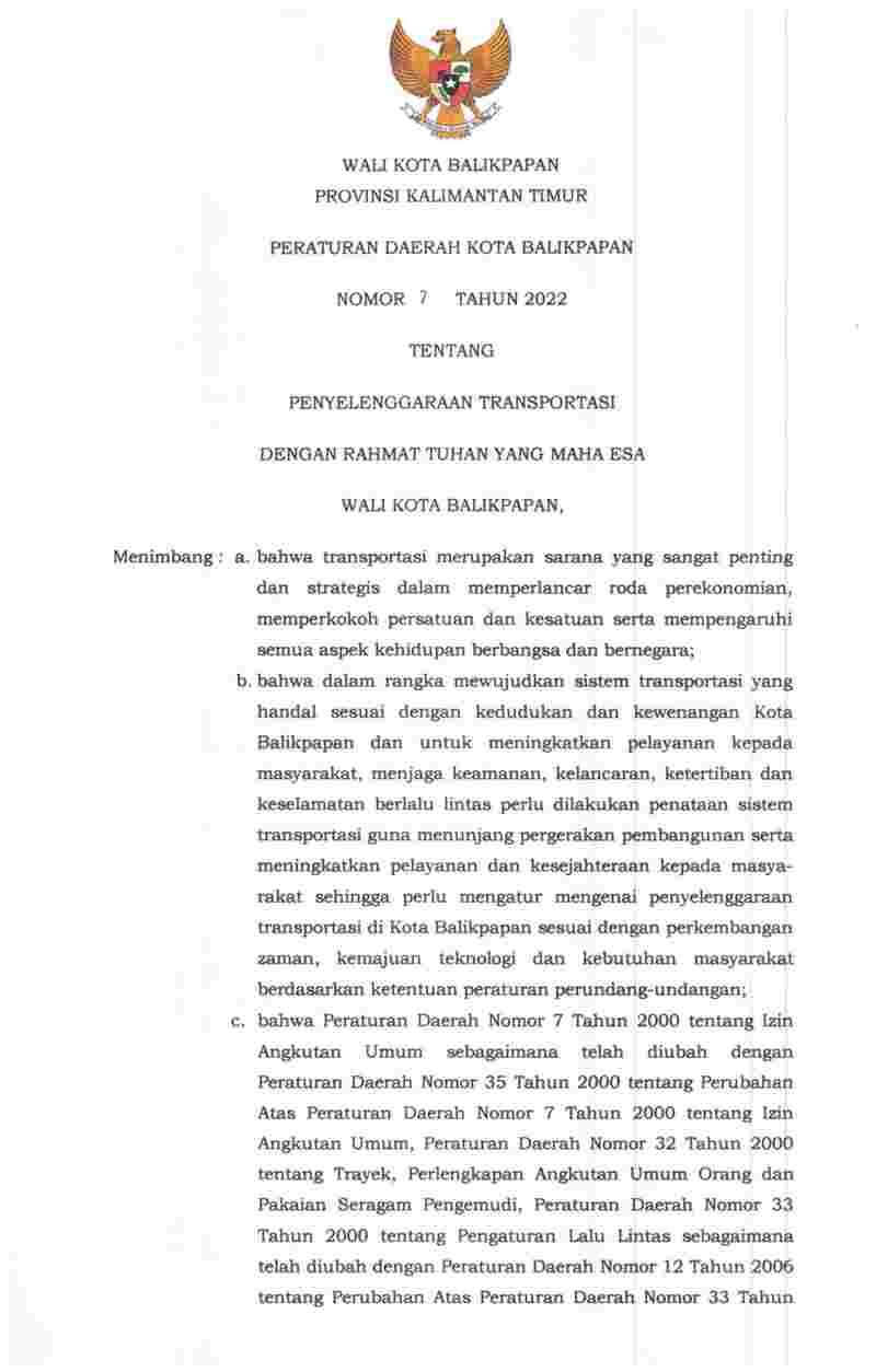 Peraturan Daerah Kota Balikpapan No 7 tahun 2022 tentang Penyelenggaraan Transportasi