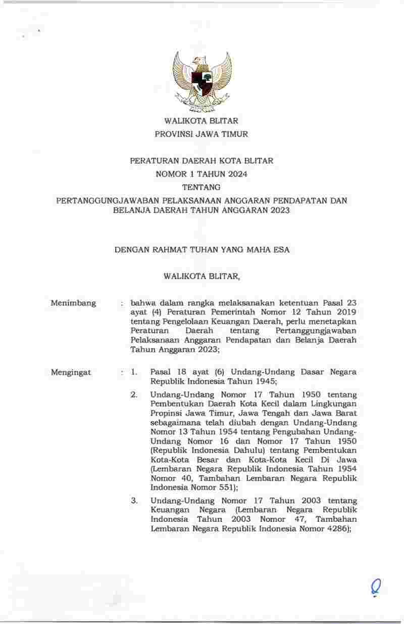 Peraturan Daerah Kota Blitar No 1 tahun 2024 tentang Pertanggungjawaban Pelaksanaan Anggaran Pendapatan dan Belanja Daerah Tahun Anggaran 2023