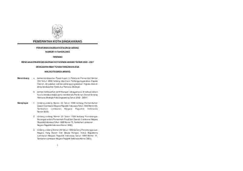 Peraturan Daerah Kota Singkawang No 19 tahun 2003 tentang Rencana Strategis Daerah Kota Singkawang Tahun 2003 - 2007