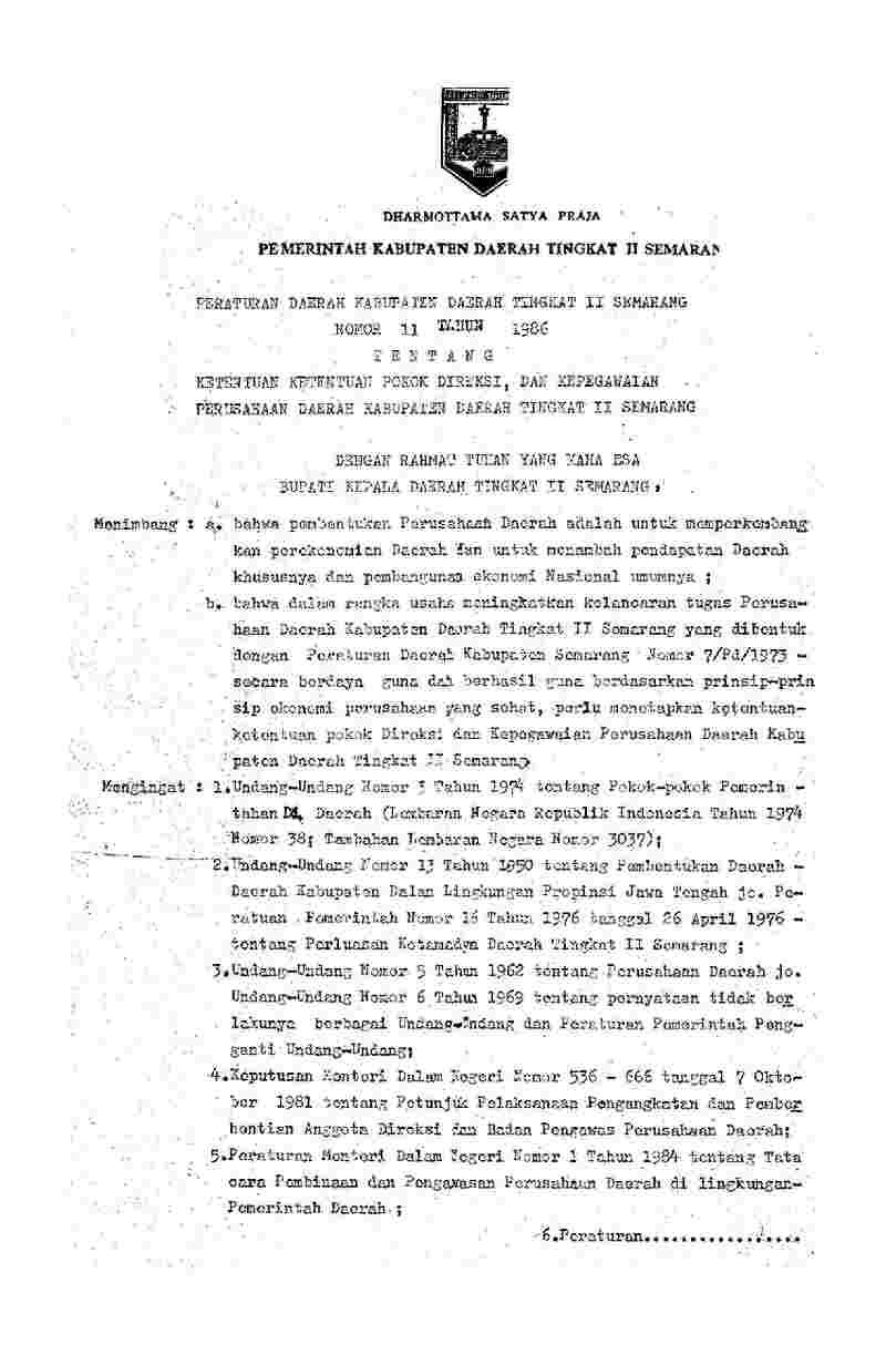 Peraturan Daerah Kota Semarang No 11 tahun 1986 tentang Ketentuan Ketentuan Pokok Direksi, dan Kepegawaian Perusahaan Daerah Kabupaten Daerah Tingkat II Semarang