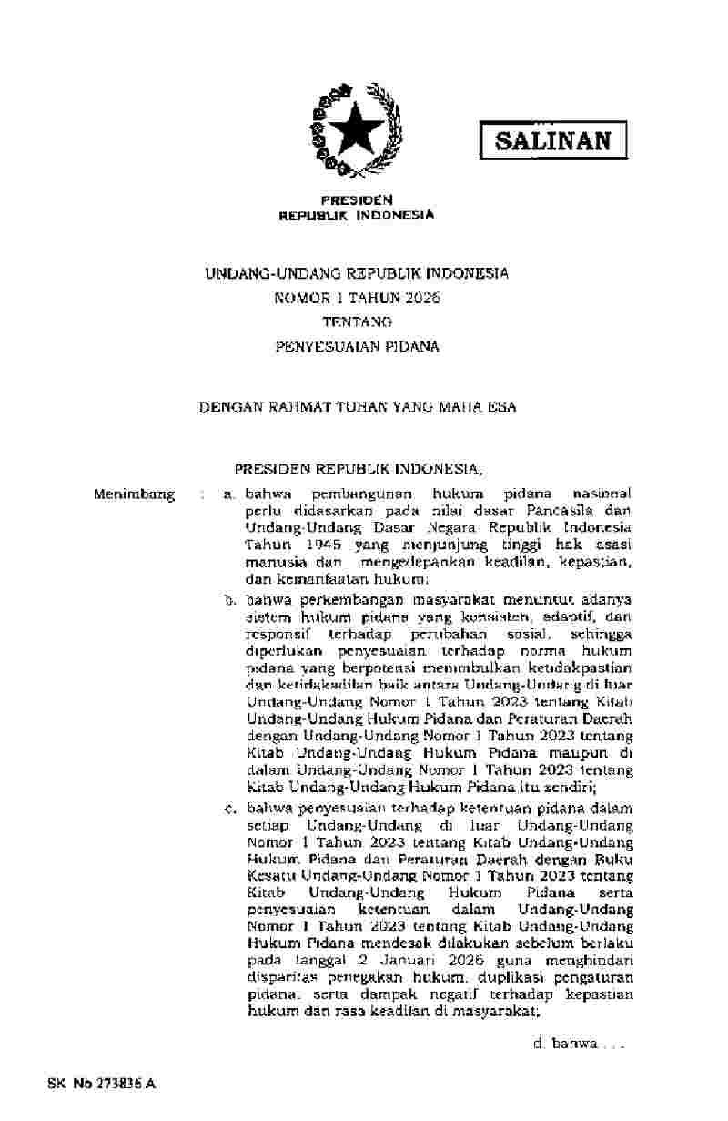 Undang Undang No 1 tahun 2026 tentang Penyesuaian Pidana