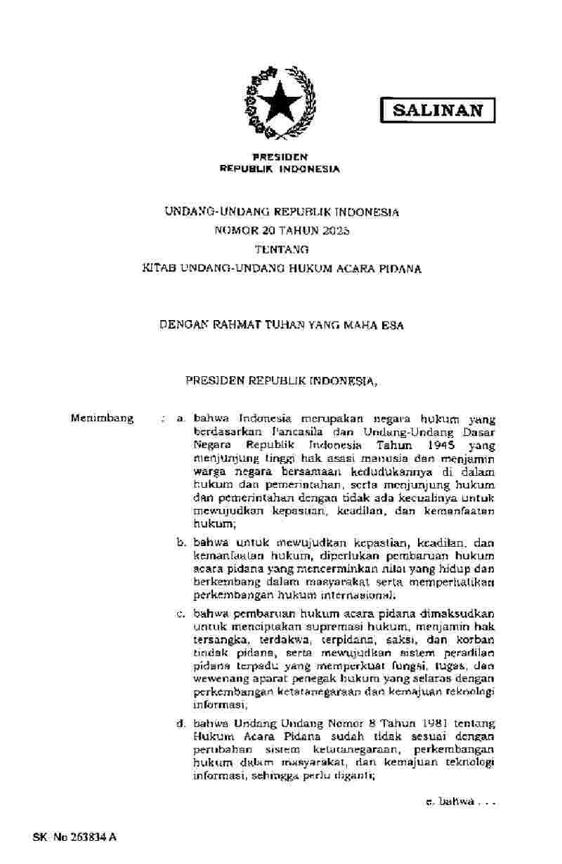 Undang Undang No 20 tahun 2025 tentang Kitab Undang-Undang Hukum Acara Pidana
