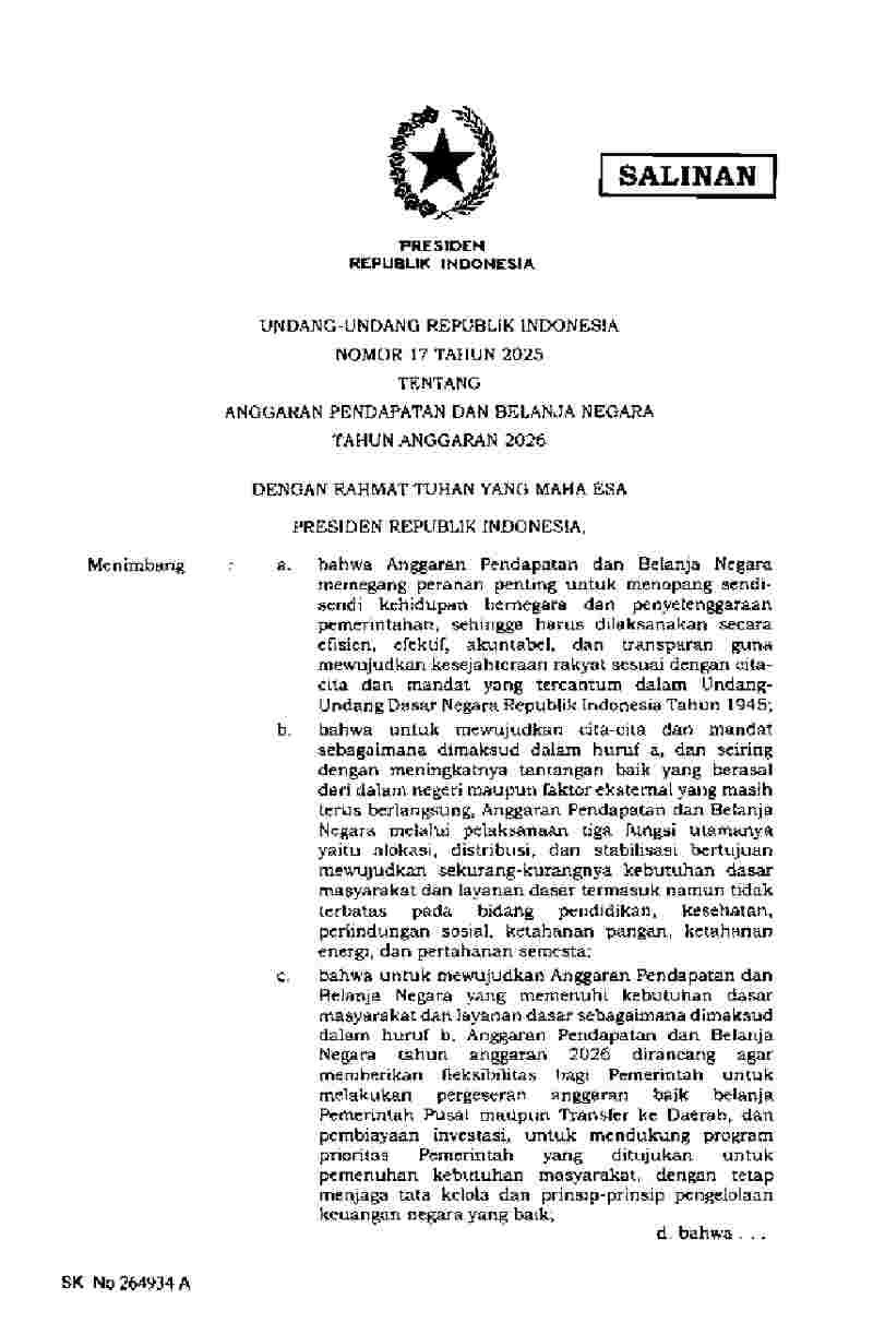 Undang Undang No 17 tahun 2025 tentang Anggaran Pendapatan dan Belanja Negara Tahun Anggaran 2026