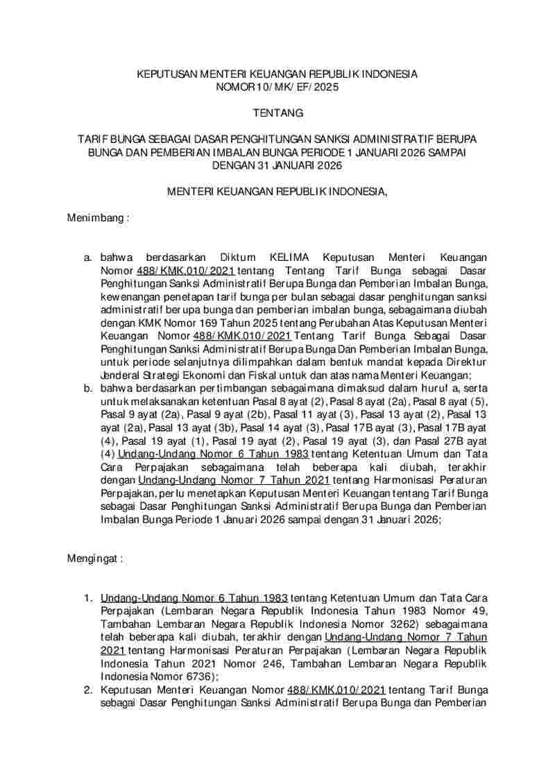 Keputusan Menteri Keuangan No 10/MK/EF/2025 tahun 2025 tentang Tarif Bunga sebagai Dasar Penghitungan Sanksi Administratif Berupa Bunga dan Pemberian Imbalan Bunga Periode 1 Januari 2026 sampai dengan 31 Januari 2026 