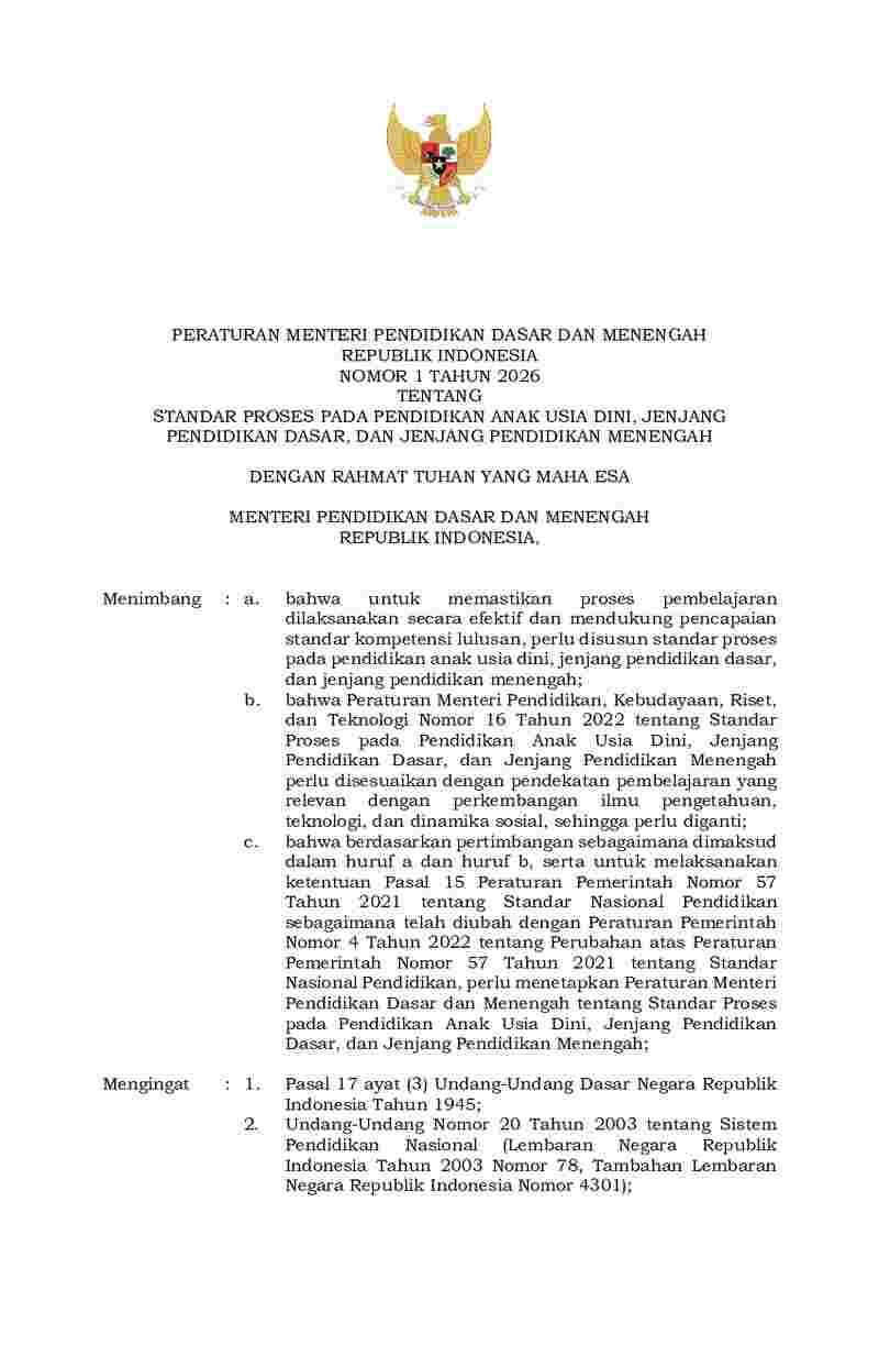 Peraturan Menteri Pendidikan Dasar dan Menengah No 1 tahun 2026 tentang Standar Proses pada Pendidikan Anak Usia Dini, Jenjang Pendidikan Dasar, dan Jenjang Pendidikan Menengah