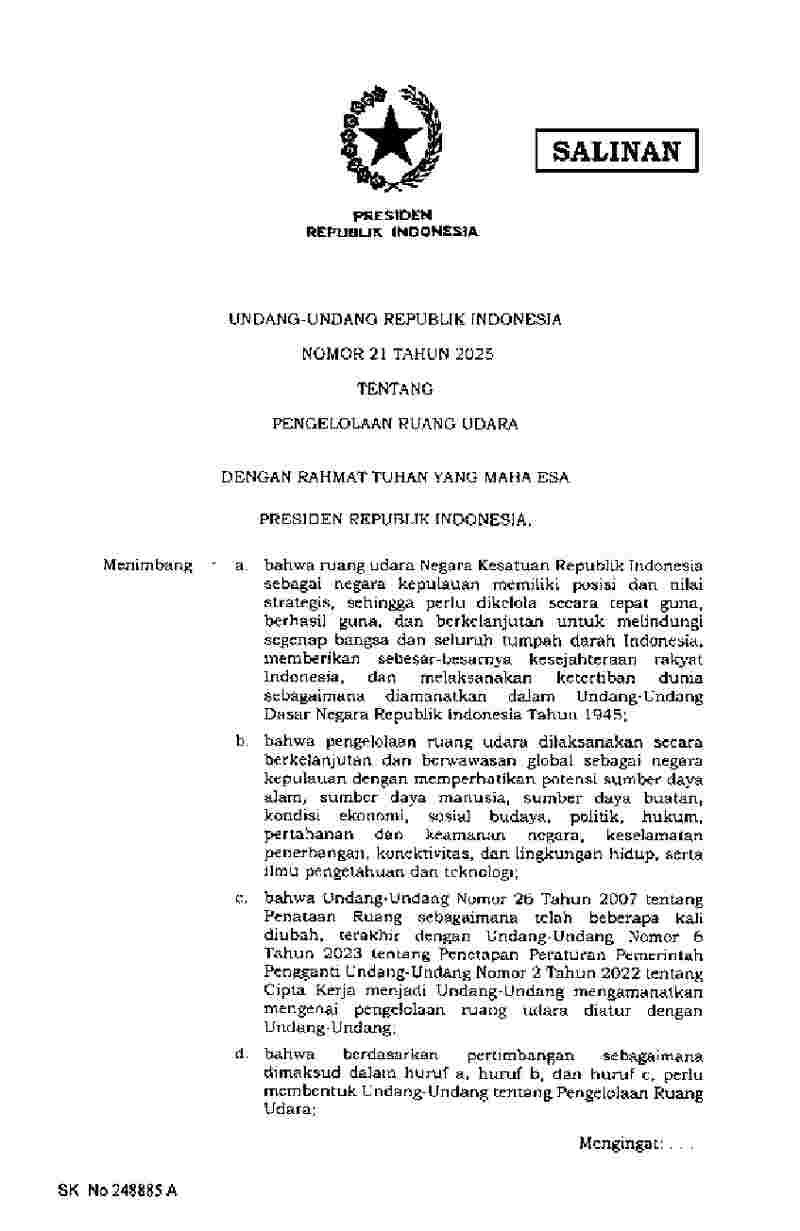 Undang Undang No 21 tahun 2025 tentang Pengelolaan Ruang Udara