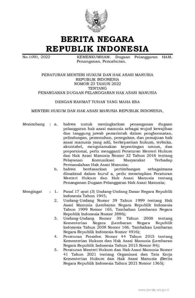 Peraturan Menteri Hukum dan HAM No 23 tahun 2022 tentang Penanganan Dugaan Pelanggaran Hak Asasi Manusia