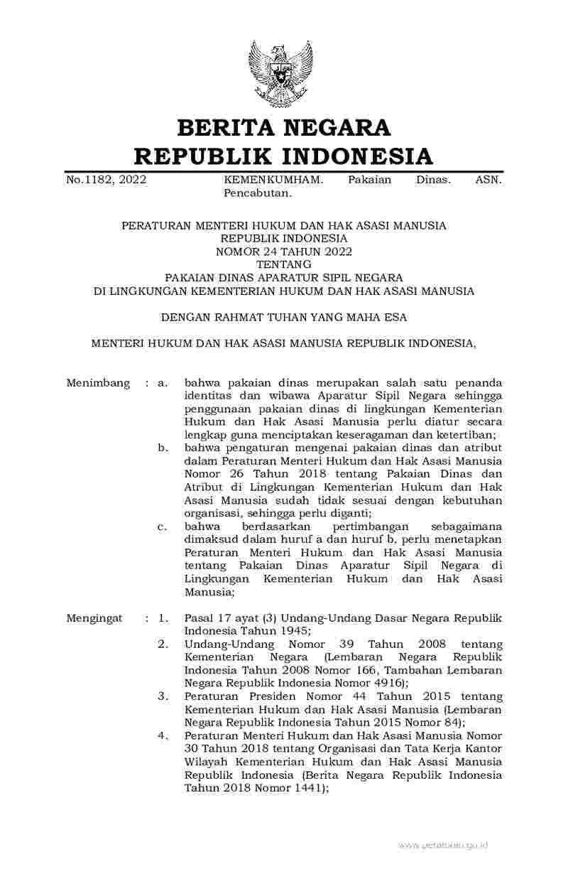 Peraturan Menteri Hukum dan HAM No 24 tahun 2022 tentang Pakaian Dinas Aparatur Sipil Negara di Lingkungan Kementerian Hukum dan Hak Asasi Manusia