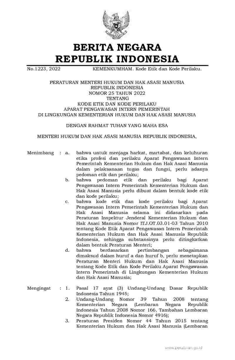 Peraturan Menteri Hukum dan HAM No 25 tahun 2022 tentang Kode Etik dan Kode Perilaku Aparat Pengawasan Intern Pemerintah di Lingkungan Kementerian Hukum dan Hak Asasi Manusia