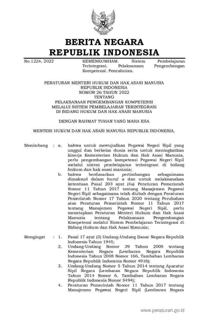 Peraturan Menteri Hukum dan HAM No 26 tahun 2022 tentang Pelaksanaan Pengembangan Kompetensi melalui Sistem Pembelajaran Terintegrasi di Bidang Hukum dan Hak Asasi Manusia